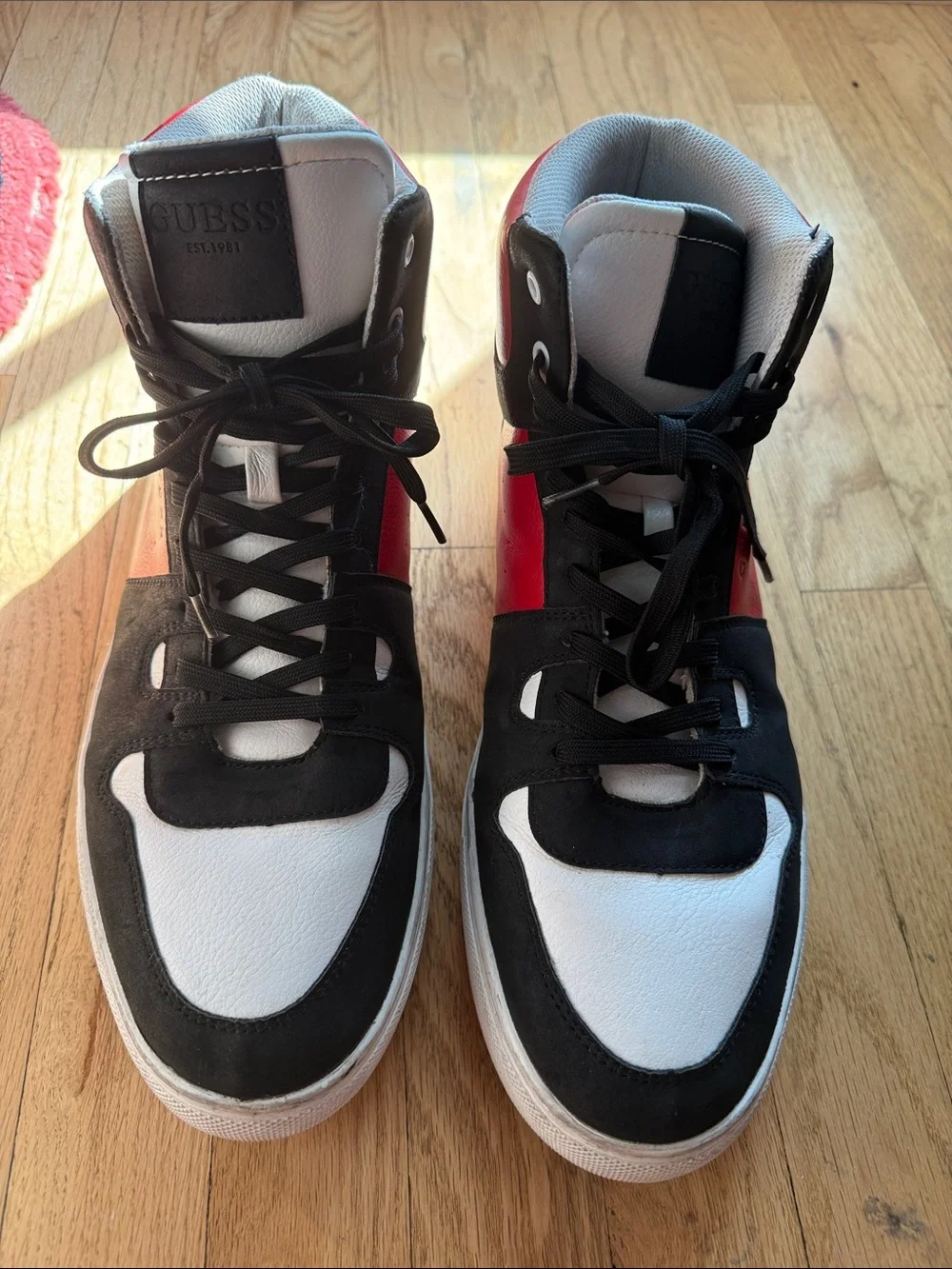 Guess Sz 13 Men's High-Top Sneakers in Red, Black & White